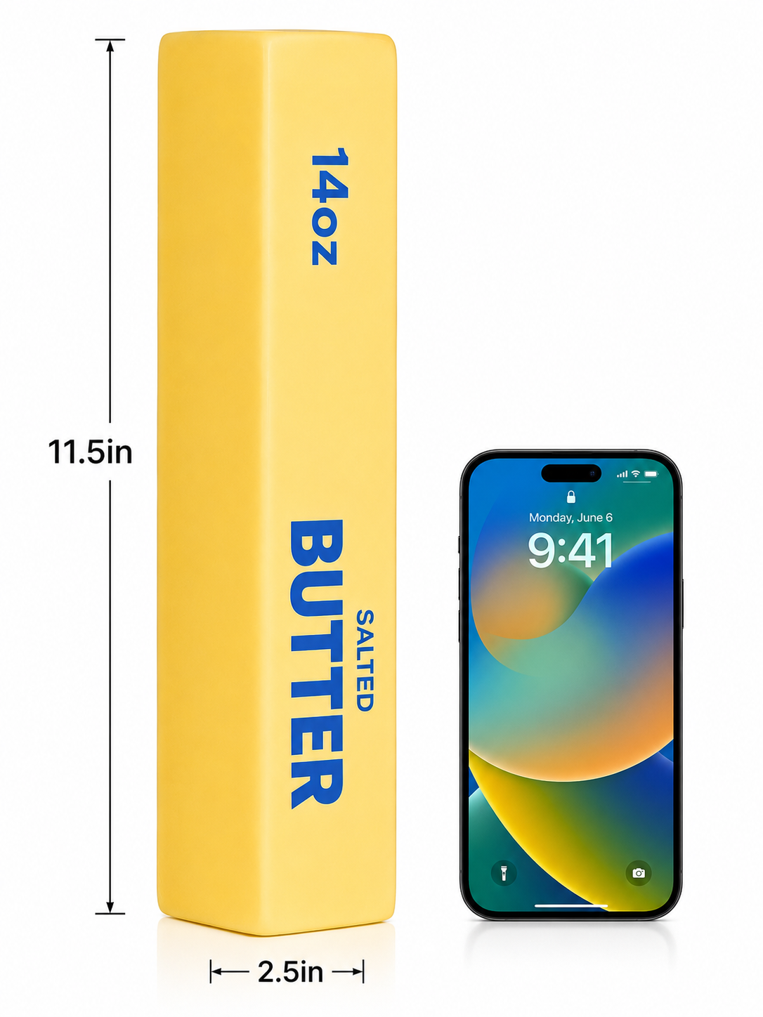 Giant Butter Stick Squishy fidget toy held upright, showing full product size and butter stick design