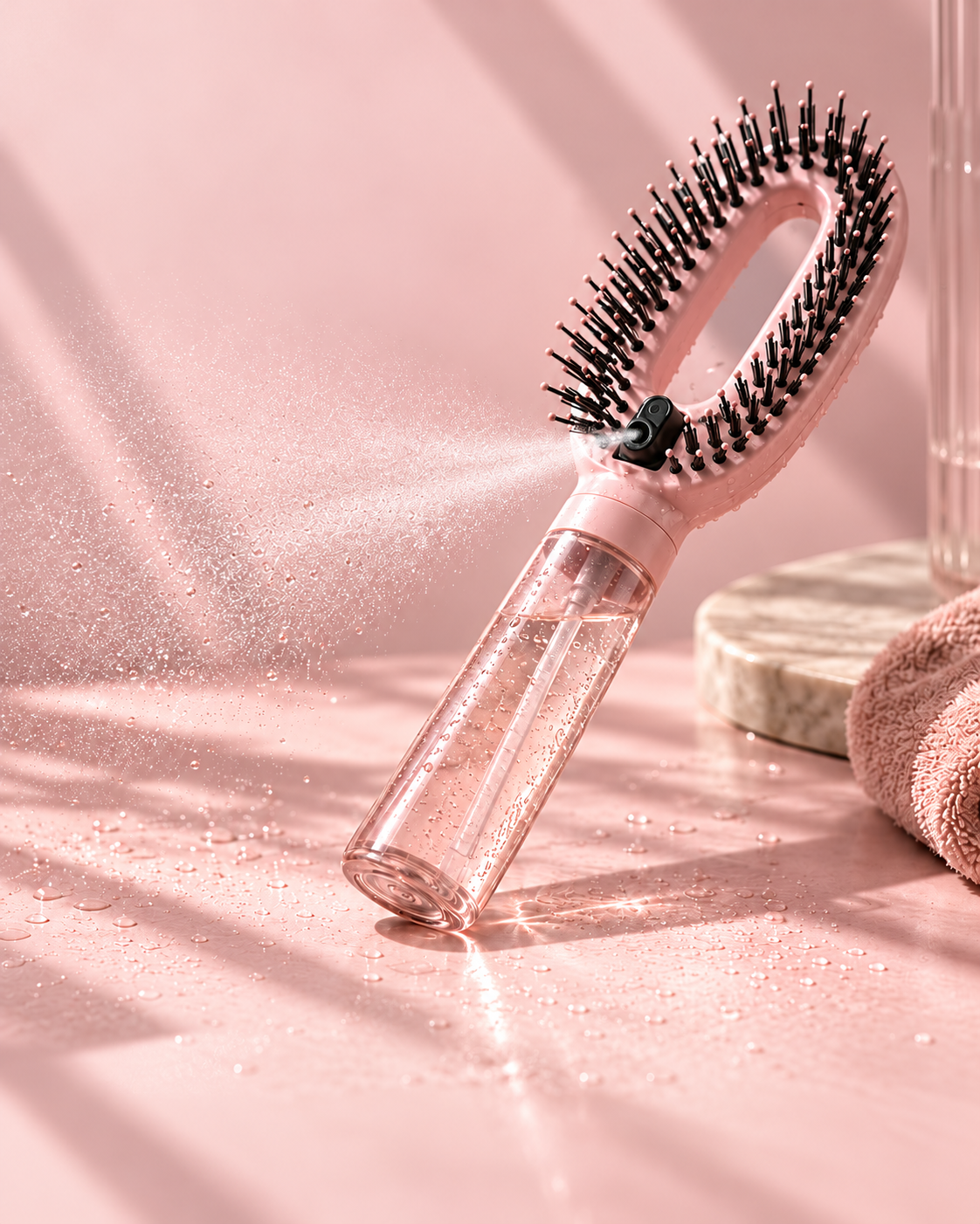 Pink refillable misting hair brush