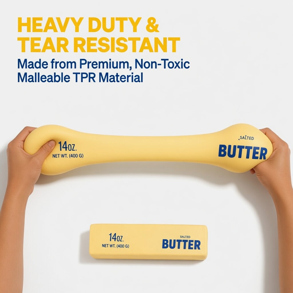 Giant Butter Stick Squishy stress relief toy flat lay product shot